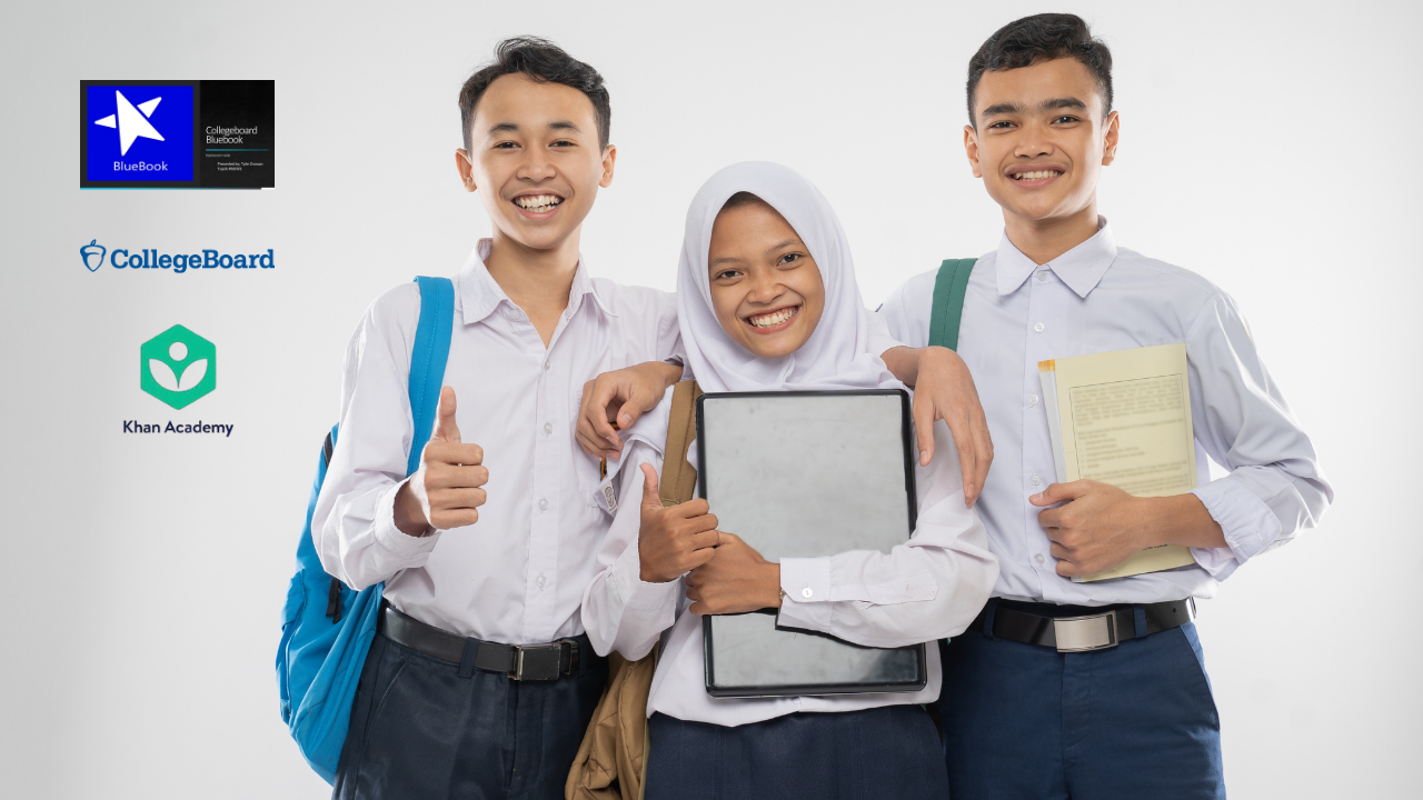 Các tài liệu ôn thi SAT quan trọng như sách của College Board, ứng dụng Bluebook và trang web Khan Academy